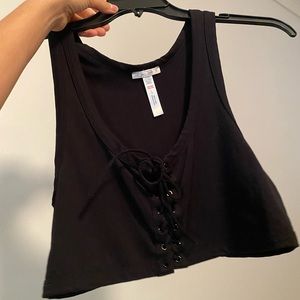 Lace up front crop tank top black womens size L